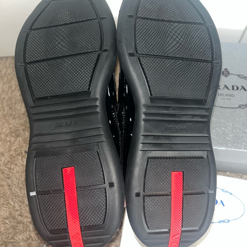 Prada Black Patent Leather & Mesh Sneakers with Red Logo Accent - Picture 7 of 8